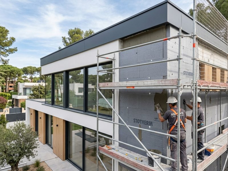Operarios instalando aislamiento térmico por el exterior en la fachada de una vivienda con andamio