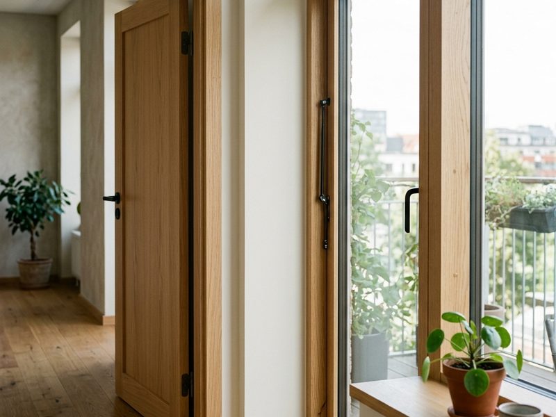 Puerta interior de madera abierta entre dos estancias
