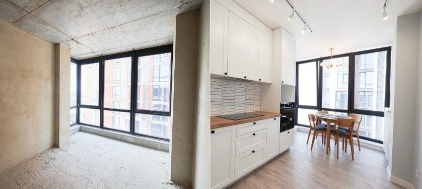 Salón y cocina de una vivienda antes de la reforma, con paredes desnudas, y después, con cocina blanca abierta y suelo de madera