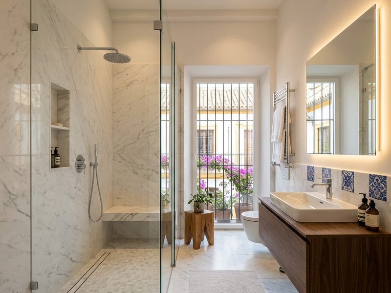 Baño reformado con ducha acristalada a ras de suelo, mueble suspendido de madera y espejo con luz