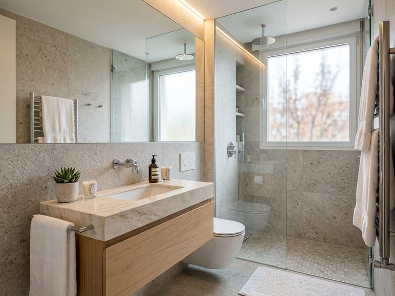 Baño pequeño reformado con ducha de obra, mampara de cristal y mueble suspendido de madera