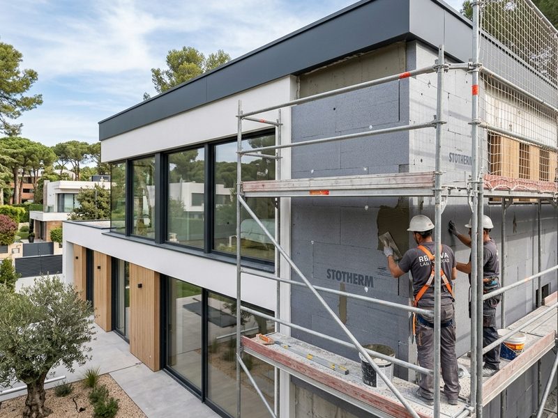 Andamio en la fachada de un chalet durante la instalación de aislamiento térmico exterior