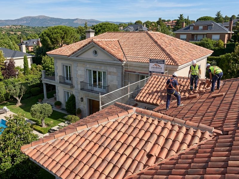 Operarios renovando el tejado de teja cerámica de un chalet