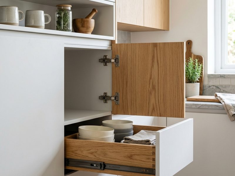 Mueble bajo de cocina con cajones extraíbles de madera llenos de vajilla