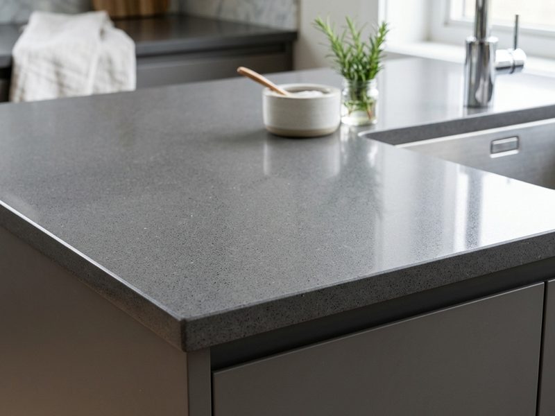 Encimera de cuarzo gris recién instalada sobre muebles existentes, con fregadero bajo encimera