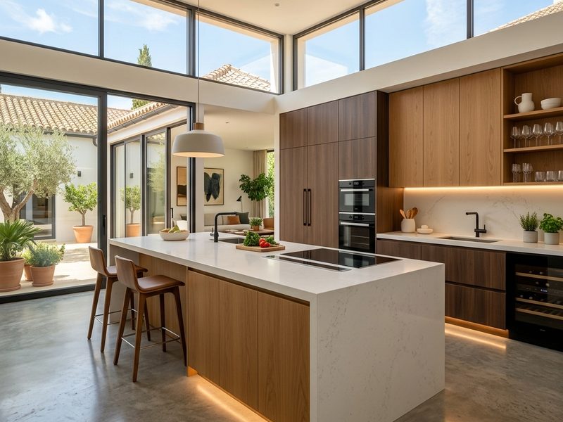 Cocina abierta con isla blanca, muebles de madera hasta el techo y grandes ventanales
