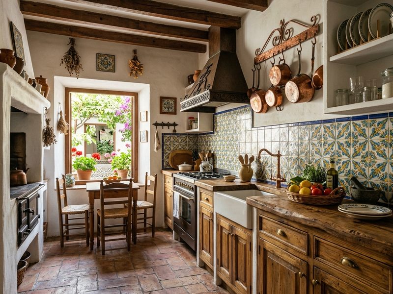Cocina rústica con muebles de madera maciza, azulejos pintados y suelo de barro