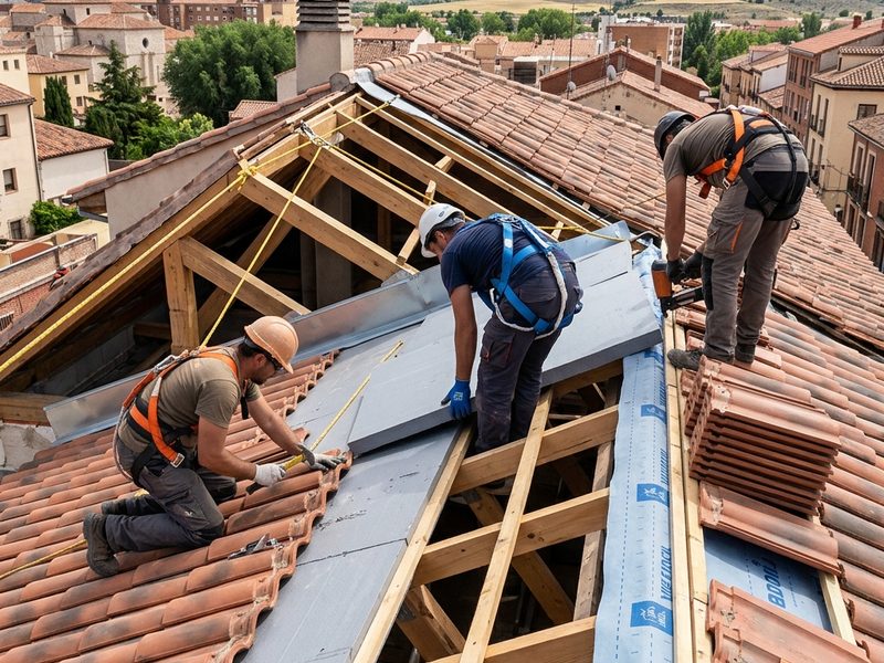 Operarios renovando una cubierta de teja con lámina impermeable y rastreles de madera