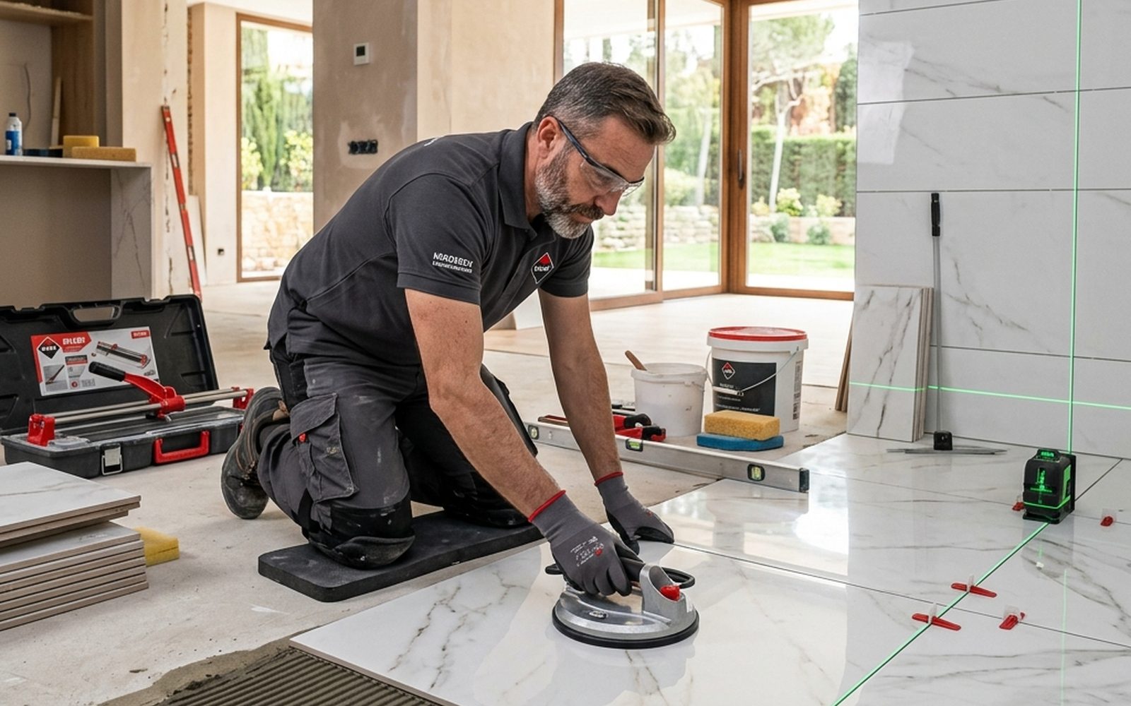 Albañil colocando porcelánico de gran formato con nivel láser en una vivienda