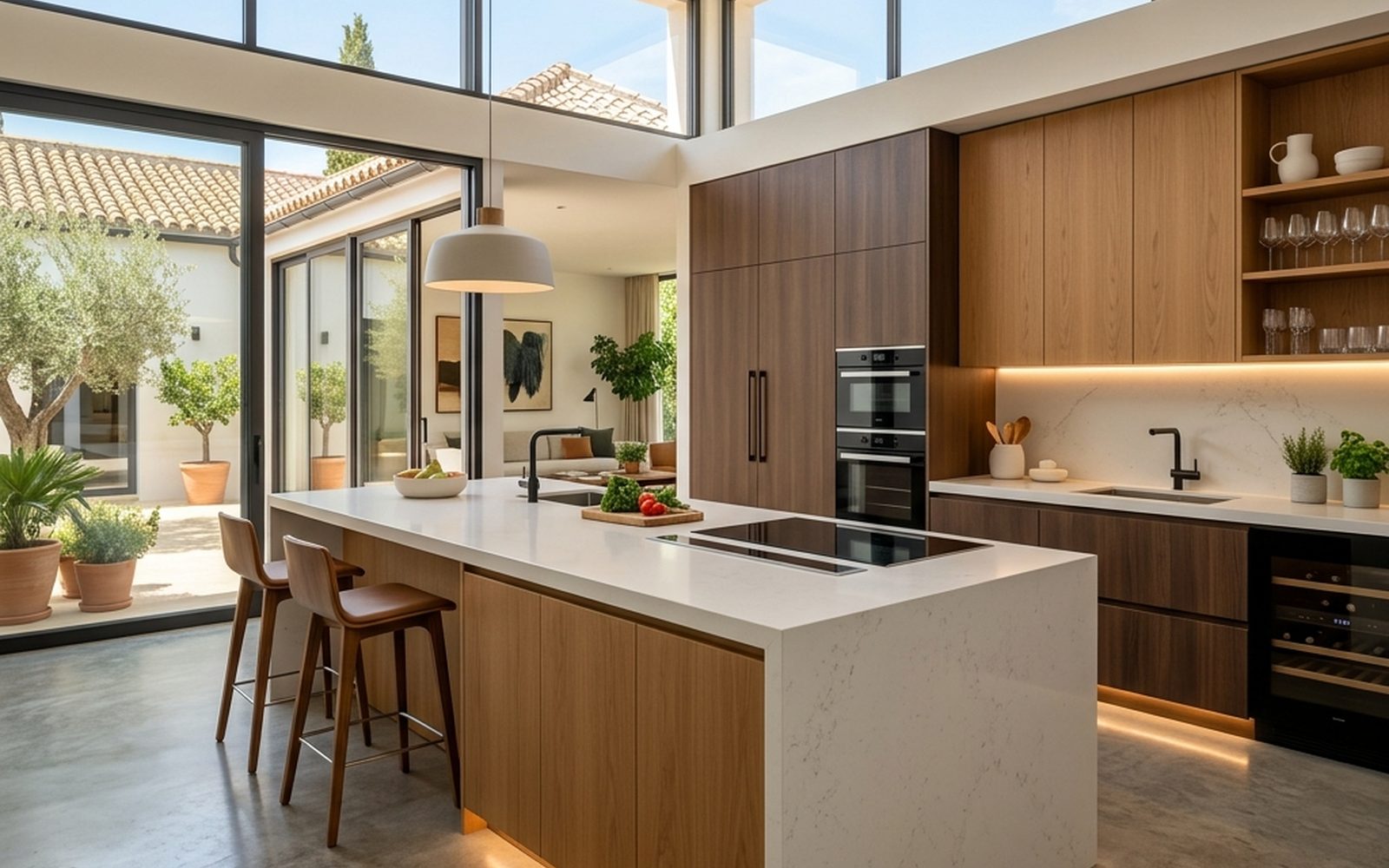 Cocina abierta al salón, con isla blanca, muebles de madera hasta el techo y grandes ventanales