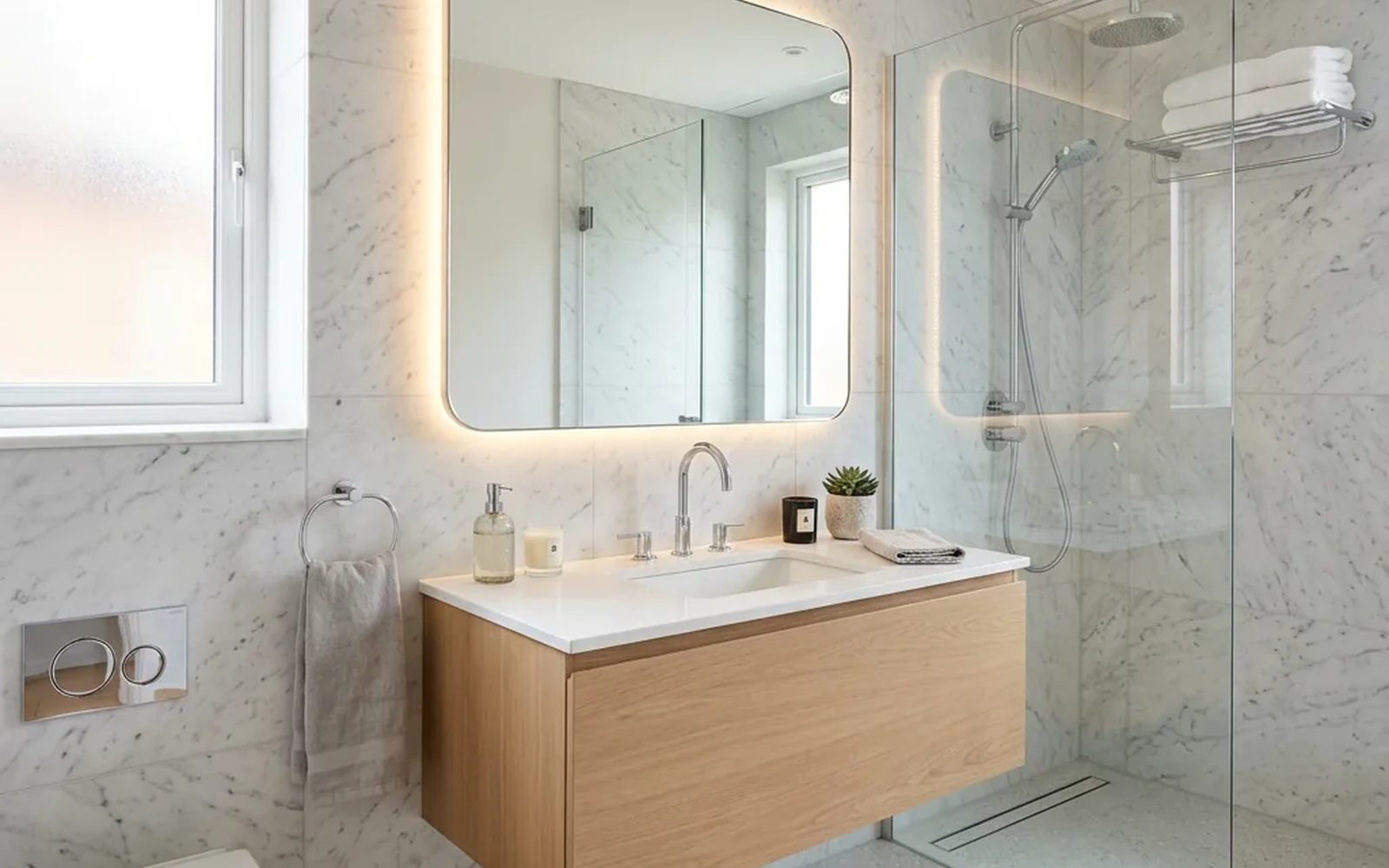 Baño moderno reformado con ducha de cristal, mueble de madera suspendido y espejo iluminado