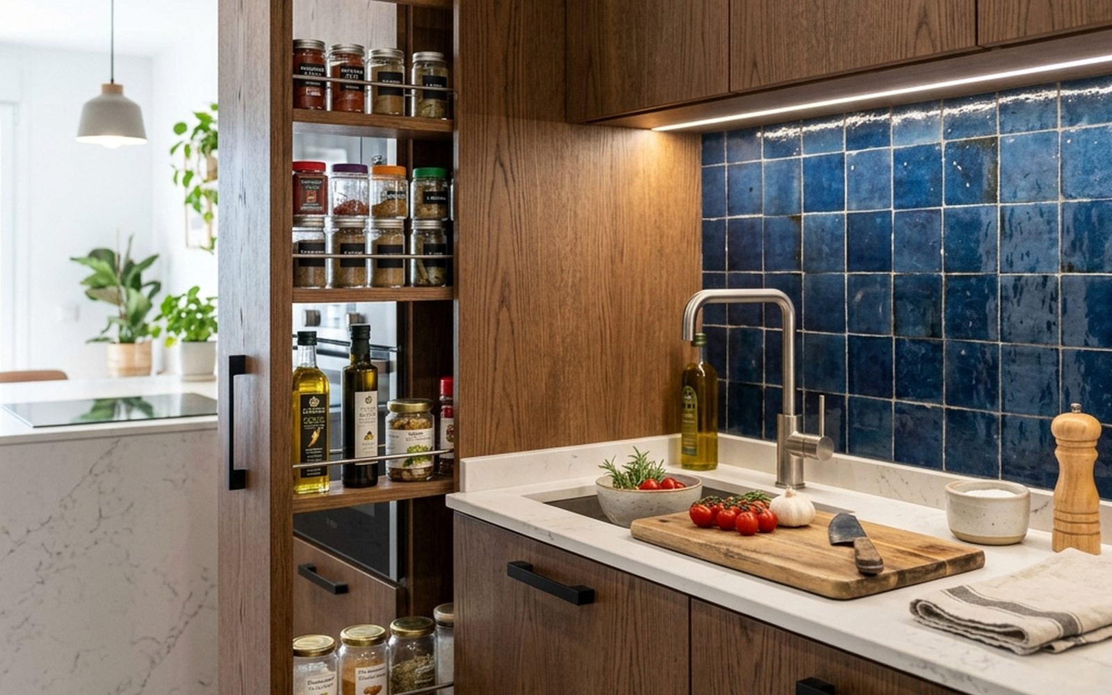 Cocina con muebles de madera, despensa extraíble y azulejo azul artesanal en el frente