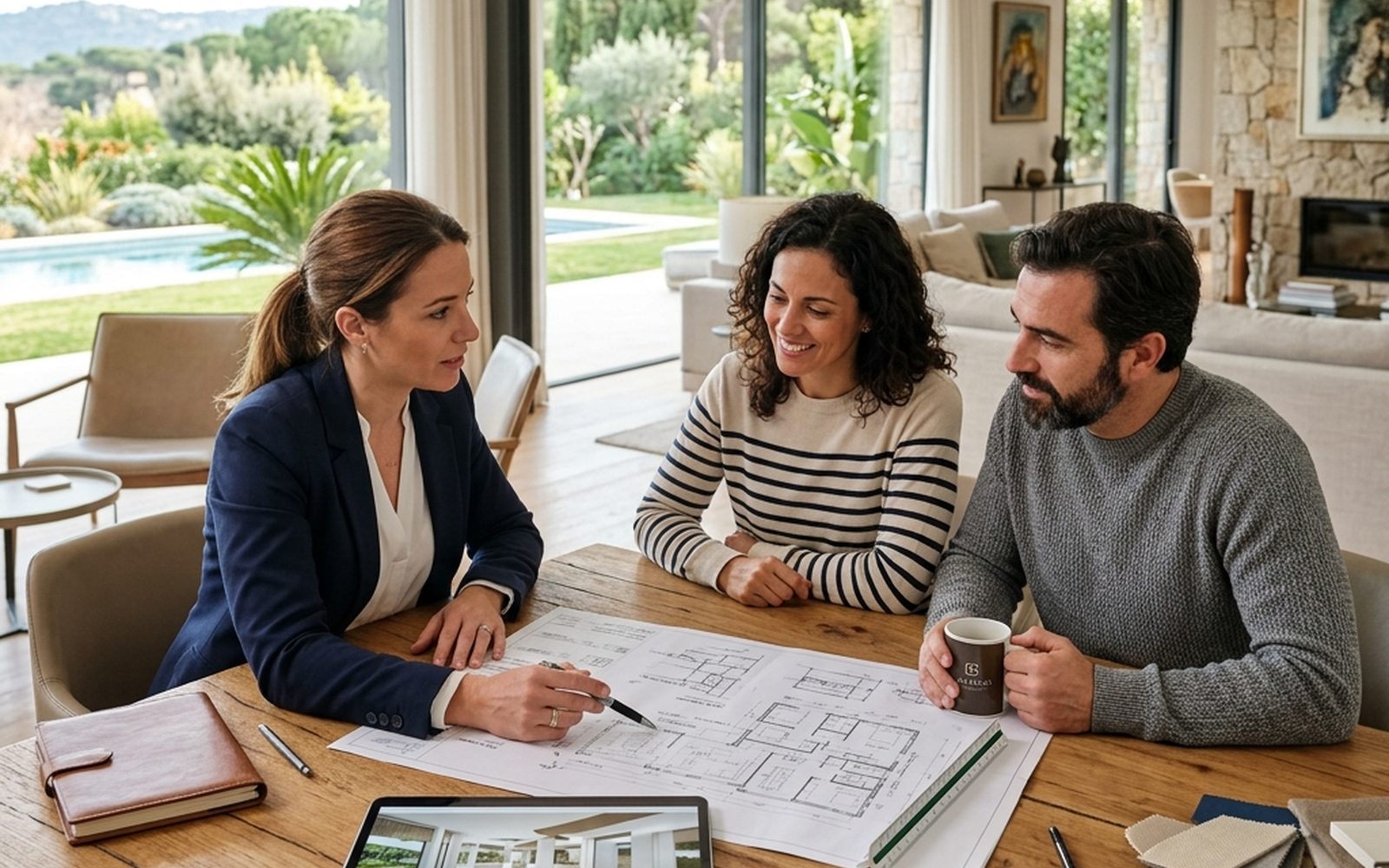 Clientes revisando con el técnico los planos y el presupuesto de una reforma integral