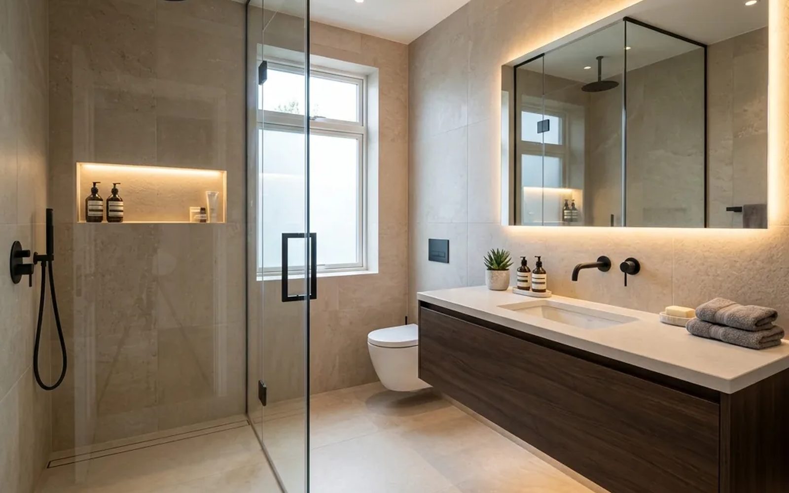 Baño renovado con ducha de cristal, mueble oscuro suspendido y espejo iluminado sobre revestimiento claro