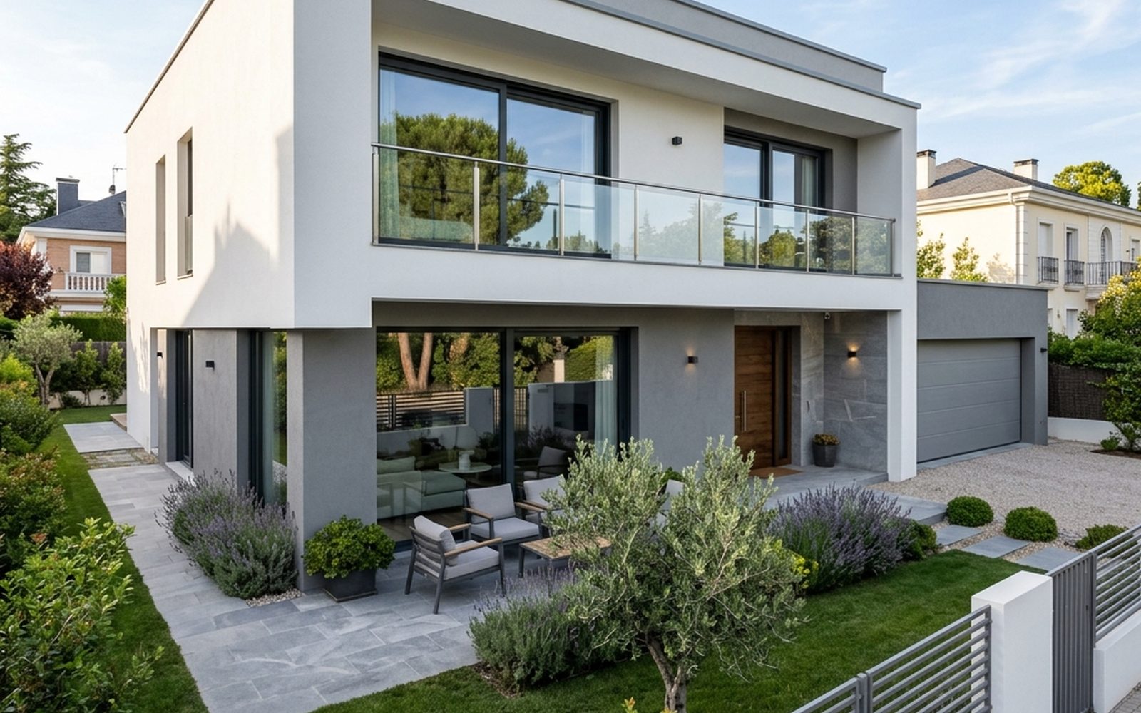 Chalet moderno de dos plantas reformado, con fachada blanca, grandes ventanales y jardín