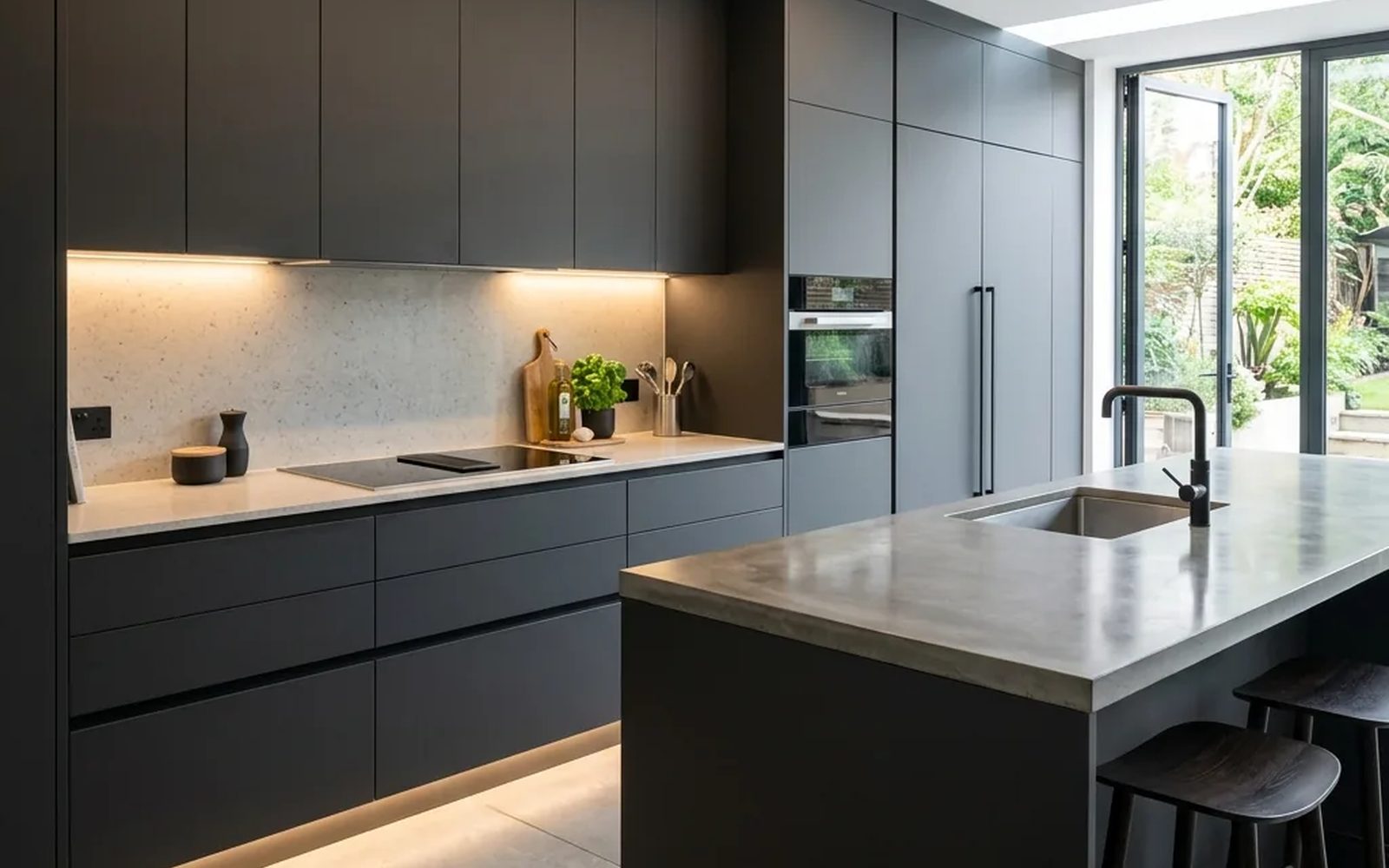 Cocina renovada con frentes negros mate, encimera de piedra gris e iluminación LED bajo los muebles
