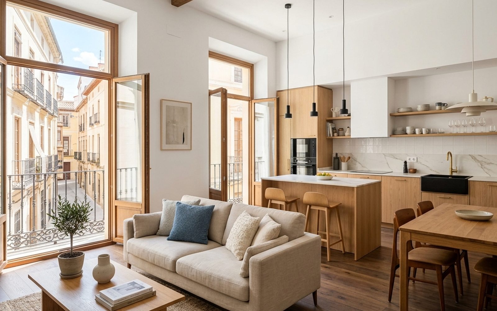 Salón y cocina de una vivienda reformada íntegramente, con suelo de madera, isla blanca y balcones a la calle