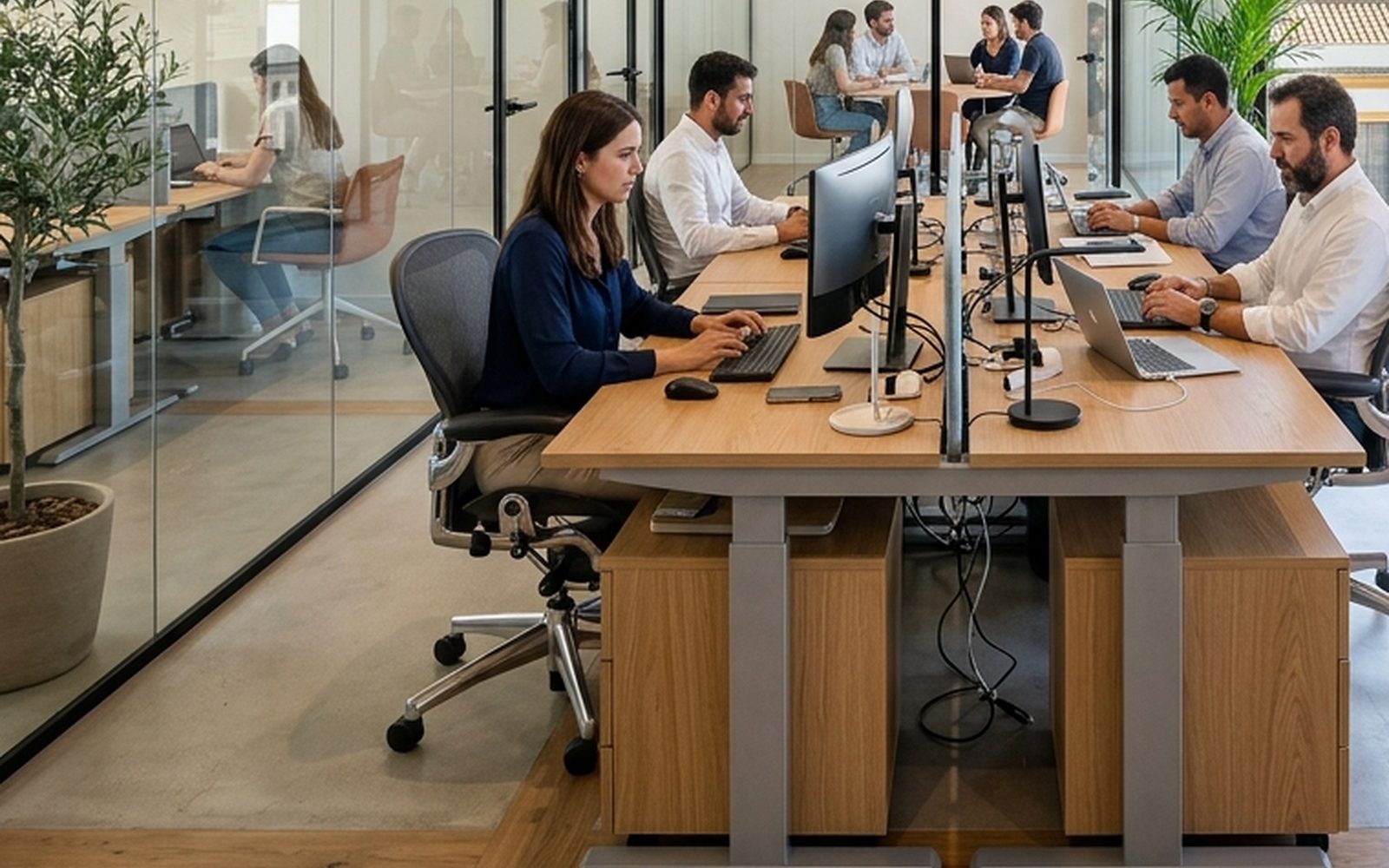 Oficina reformada con puestos de trabajo de madera, mamparas de vidrio y grandes ventanales