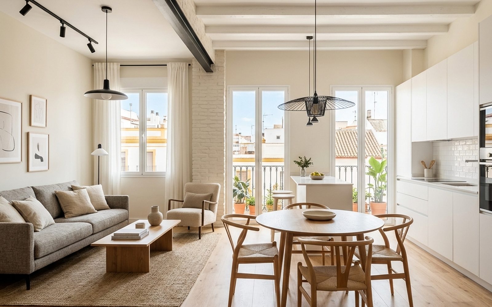 Salón y cocina abierta de una vivienda reformada íntegramente en Huelva, con suelo de madera y vigas blancas