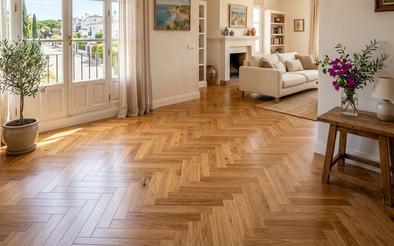 Salón con suelo de parquet en espiga, ventanales y luz natural