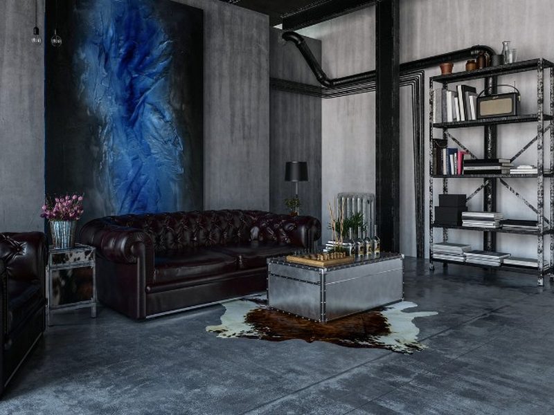 Salón con suelo continuo de microcemento gris