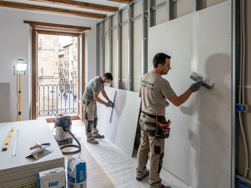 Dos operarios montando placas de pladur en una vivienda en reforma