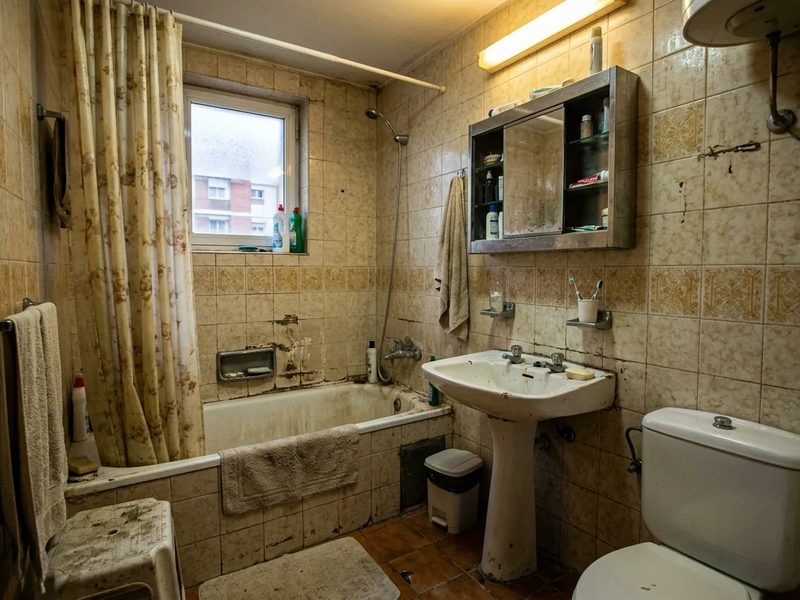 Baño de los años 80 antes de la reforma: azulejo decorado, bañera con cortina y calentador a la vista
