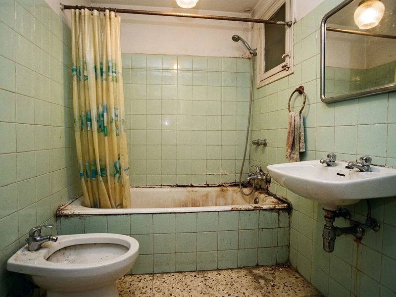 Baño antes de la reforma: azulejo verde, bañera con cortina, bidé y lavabo de pie