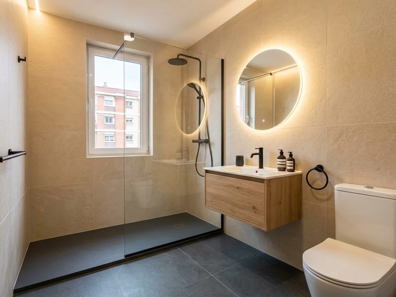 El mismo baño después: ducha con mampara de vidrio, espejo retroiluminado y suelo porcelánico gris