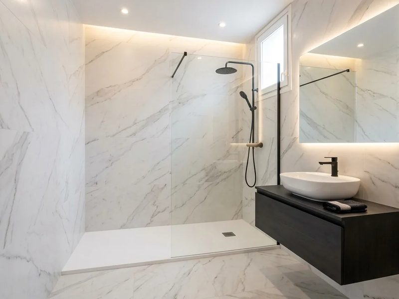 El mismo baño después: porcelánico efecto mármol del suelo al techo, ducha walk-in y grifería negra