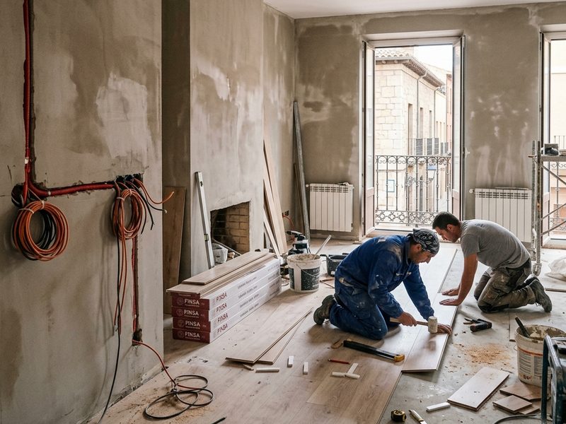 Operarios colocando suelo de madera en un piso en plena reforma integral, con paredes recién enlucidas