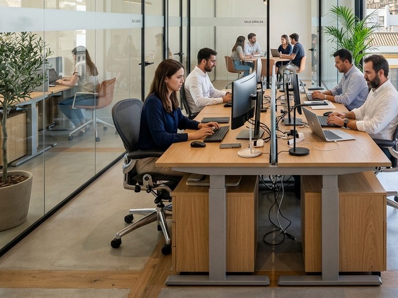 Oficina reformada con puestos de trabajo y despachos acristalados