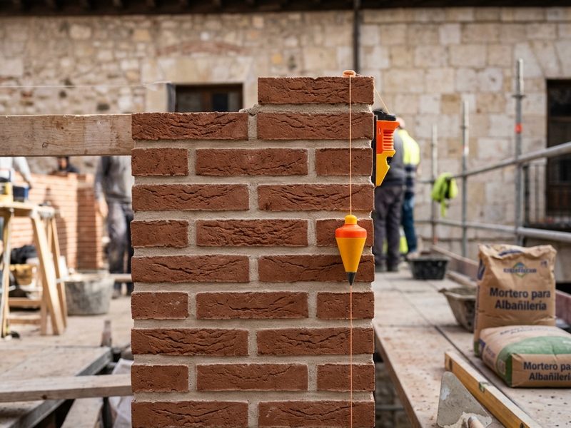 Pilar de ladrillo cara vista en construcción con plomada
