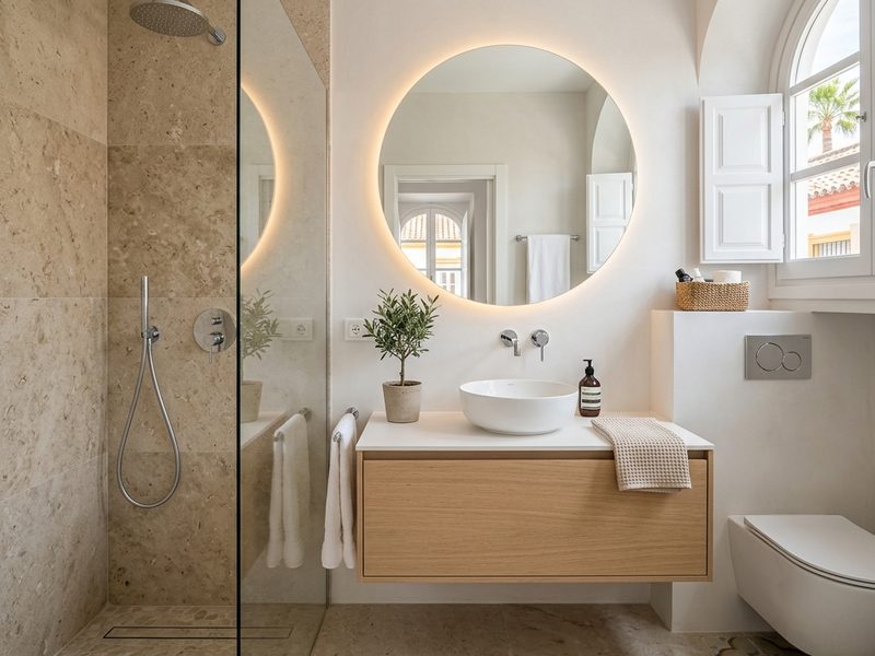 Baño reformado con ducha de obra, mueble suspendido y espejo retroiluminado