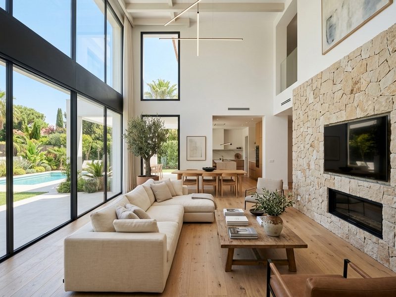 Salón de doble altura de un chalet reformado con grandes ventanales y chimenea