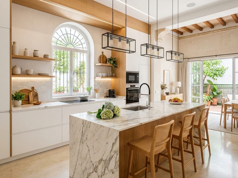 Cocina reformada con isla de mármol, muebles blancos y madera de roble