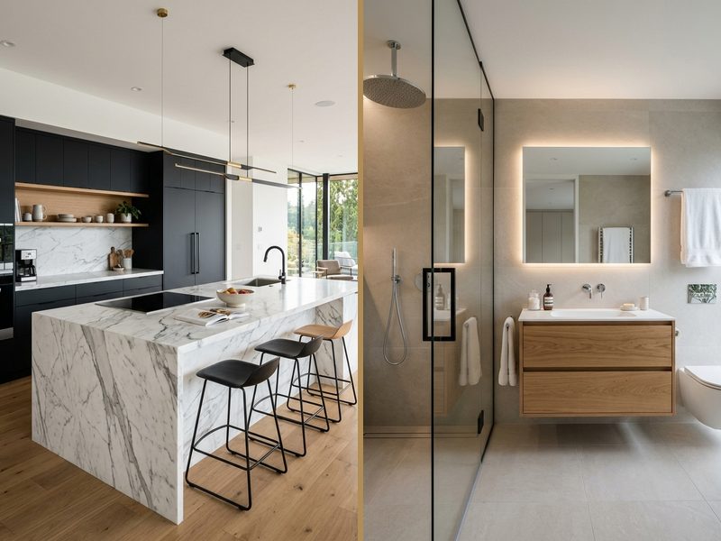 Cocina blanca con isla junto a un baño con ducha de cristal, reformados en la misma obra