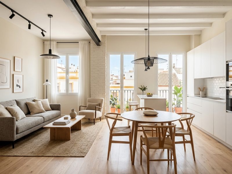 Salón y cocina abierta de un piso reformado íntegramente en Huelva