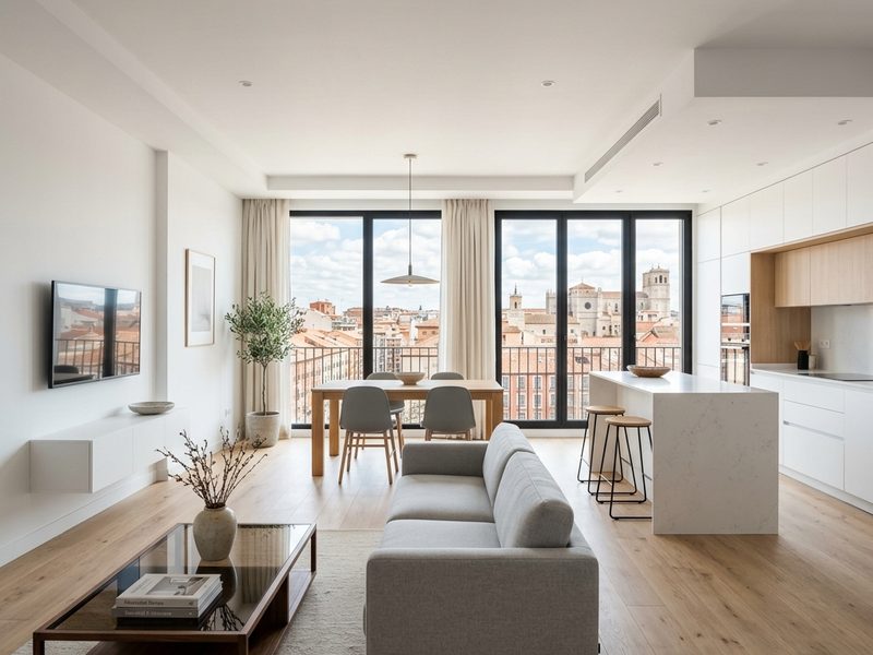 Salón de un piso reformado con suelo de madera, sofá claro y ventanales