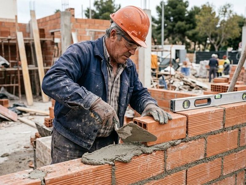 Albañil levantando un muro de ladrillo con paleta y mortero